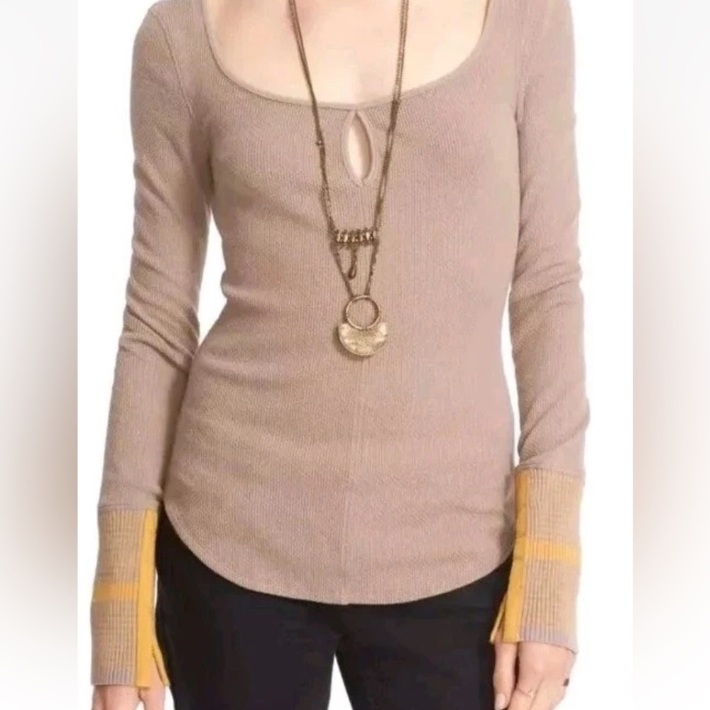 Free People Mod Cuff Striped Thermal L/S Top Shirt Fitted Brown Mustard Women L